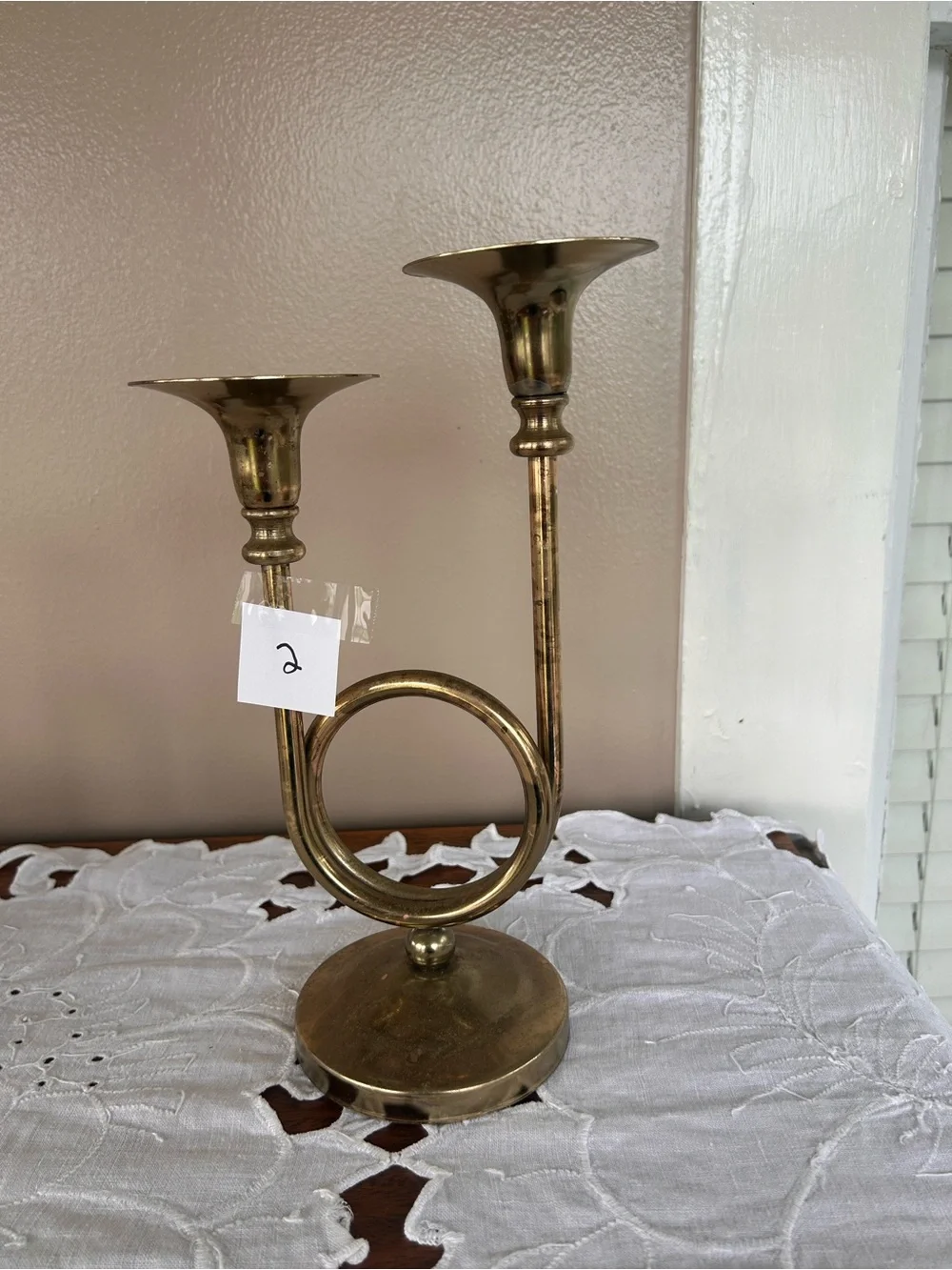 Brass French Horn Double Candlestick Holder Traditional Elegant Holiday